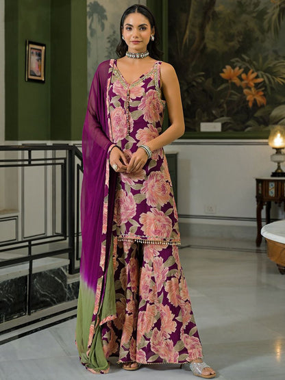 Dhiyona HOP Floral Printed Beads & Stones Milano Chiffon Kurta With Sharara & Dupatta
