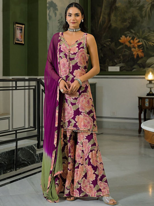 Dhiyona HOP Floral Printed Beads & Stones Milano Chiffon Kurta With Sharara & Dupatta