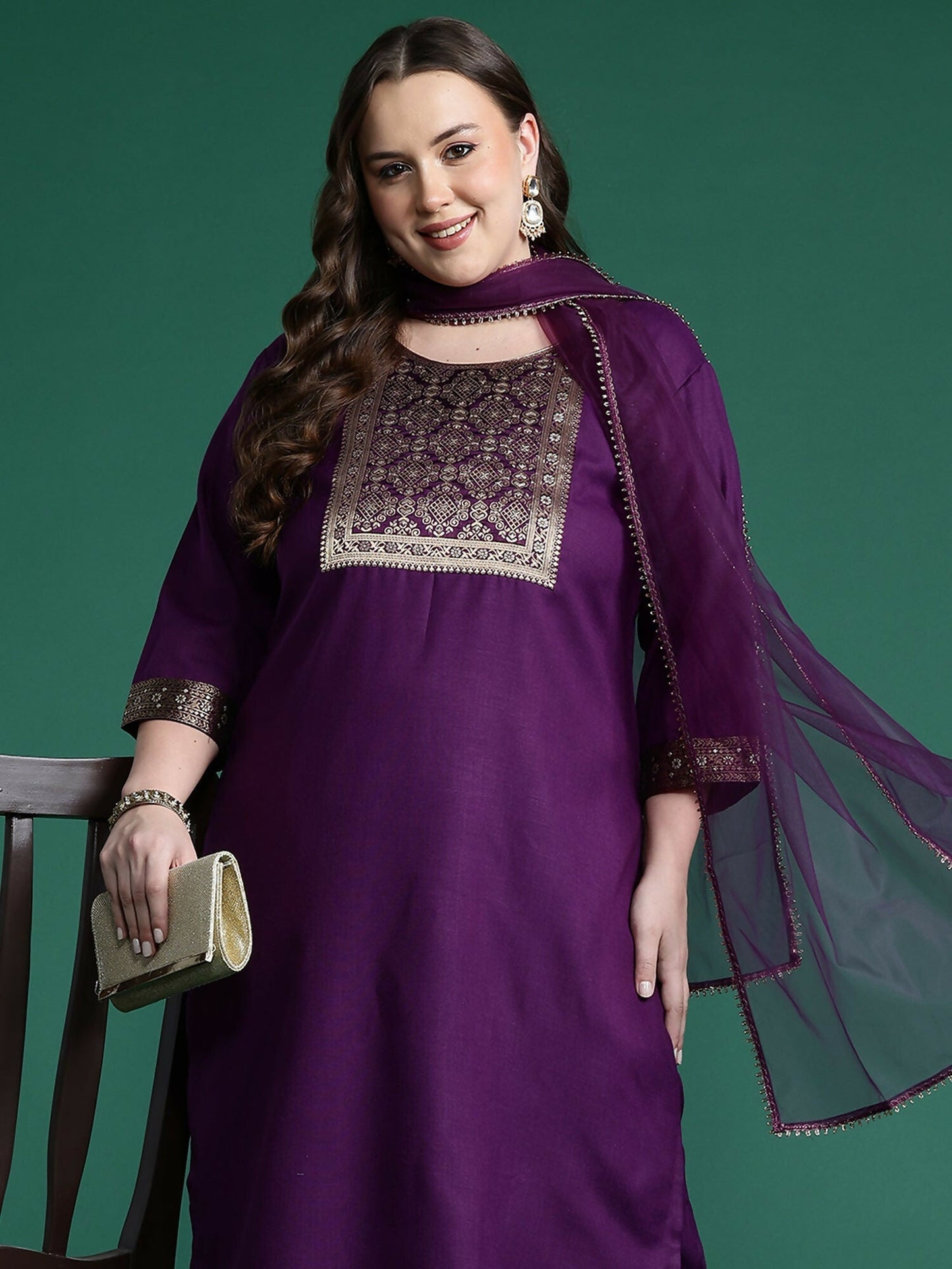 Women's Plus Size Purple Yoke Design Straight Kurta Trousers With Dupatta Set