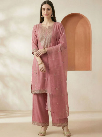 Dhiyona IE Women Ethnic Motifs Embroidered Regular Thread Work Kurta with Palazzos & With Dupatta