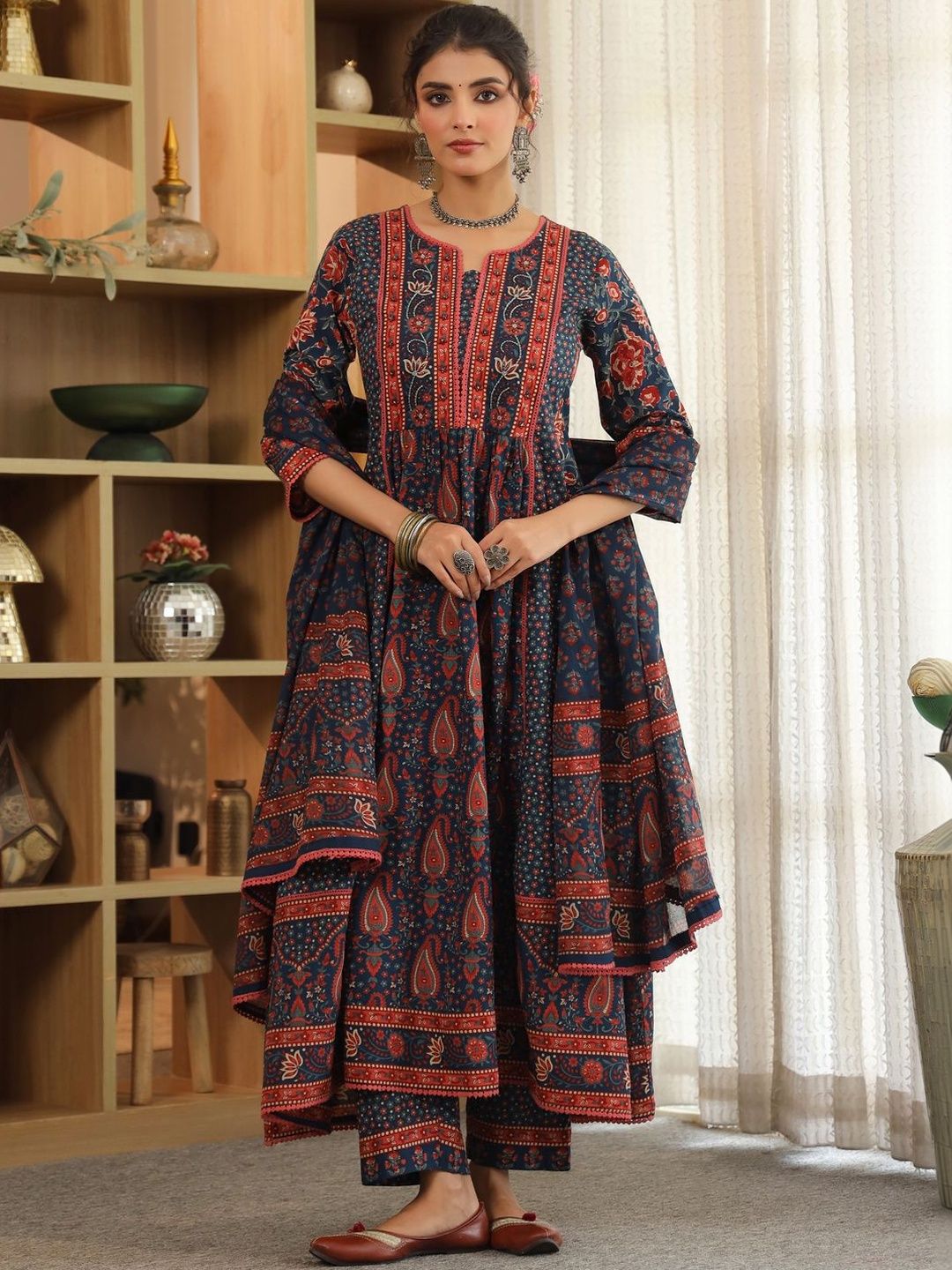 Dhiyona RR Women's Ethnic Motifs Printed Pleated Pure Cotton Kurta with Trousers & With Dupatta