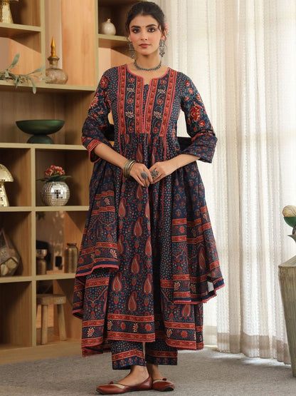 Dhiyona RR Women's Ethnic Motifs Printed Pleated Pure Cotton Kurta with Trousers & With Dupatta