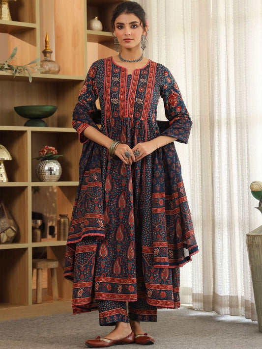 Dhiyona RR Women's Ethnic Motifs Printed Pleated Pure Cotton Kurta with Trousers & With Dupatta