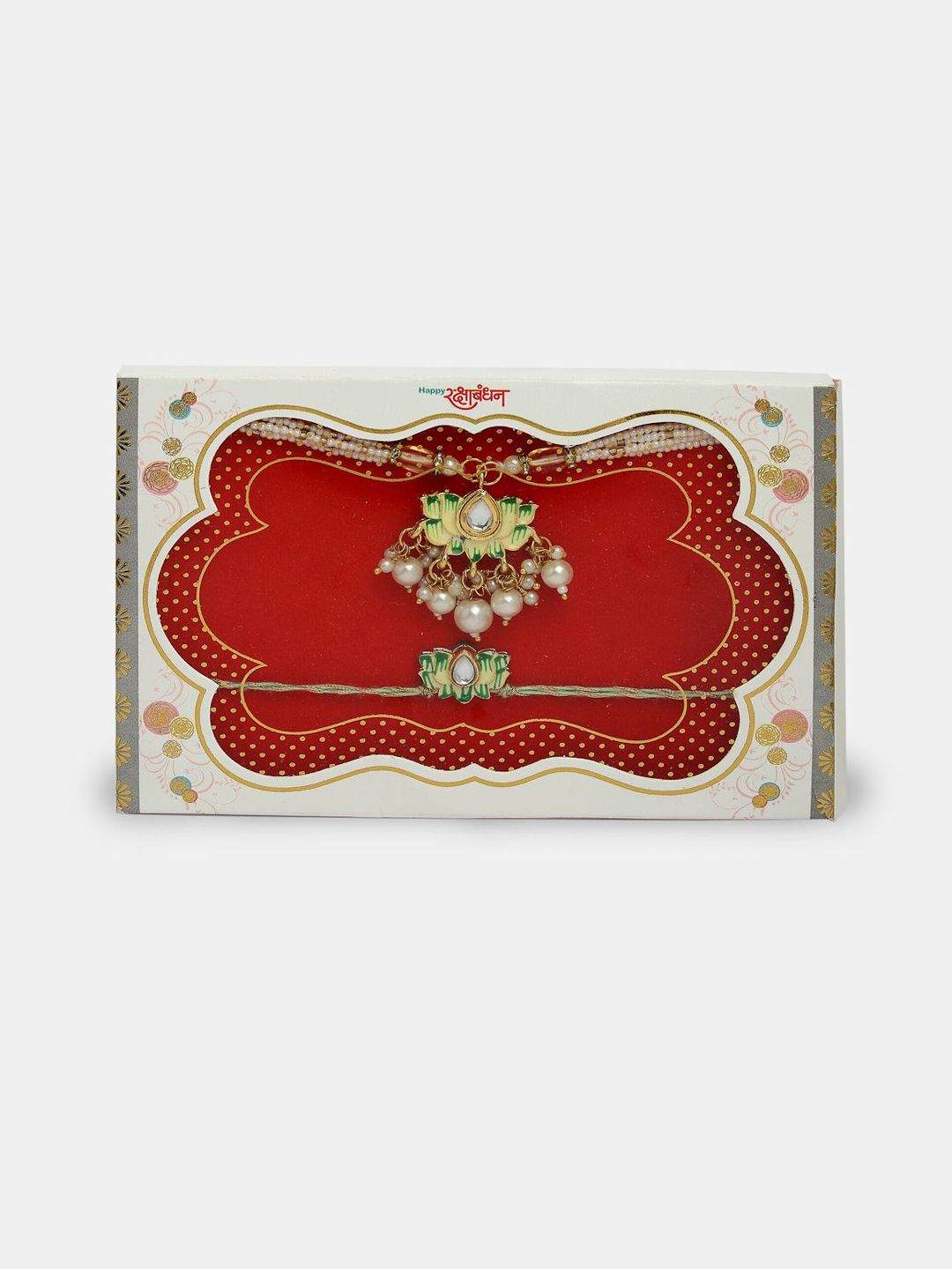 Dhiyona Unisex Set Of 2 Green Lotus Shape Kundan-Studded & Beaded Wraparound Rakhi Set