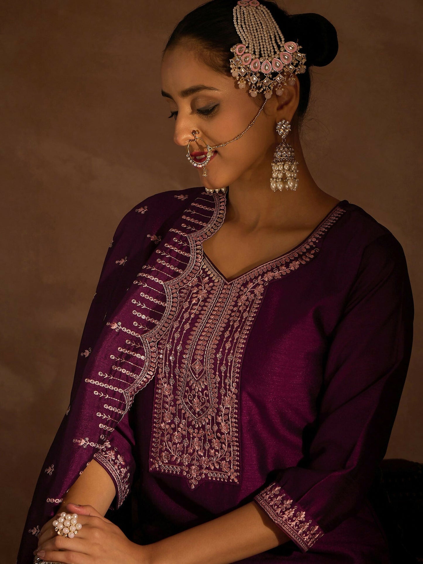 Women's Burgundy Ethnic Motifs Embroidered Sequinned Kurta with Trousers & With Dupatta