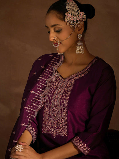 Women's Burgundy Ethnic Motifs Embroidered Sequinned Kurta with Trousers & With Dupatta