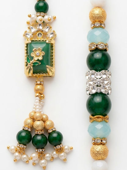 Dhiyona Set Of 2 Green Artificial Beads Traditional Bhaiya Bhabhi Rakhi With Roli Chawal