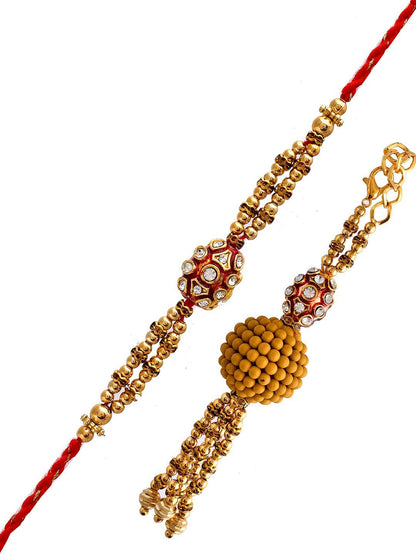 Dhiyona Gold-Toned Rudraksha Beaded Bhaiya Bhabhi Rakhi With Roli Chawal & Greeting Card