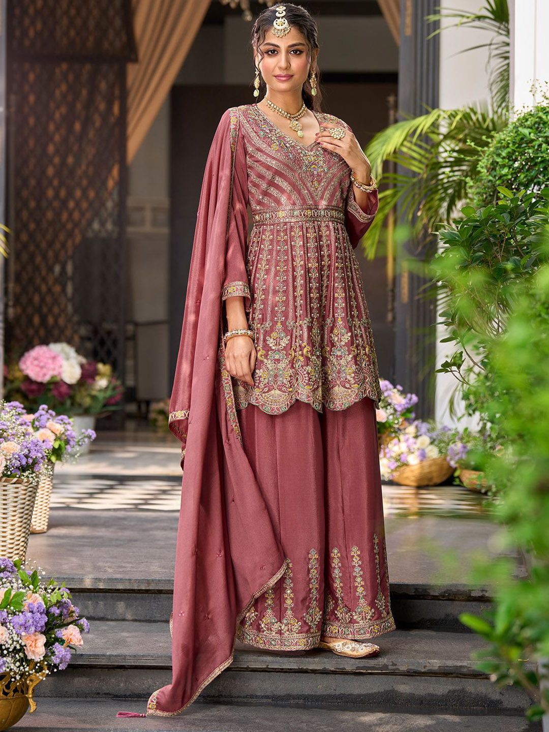 Dhiyona IE Floral Embroidered Sequinned Chinon A-Line Kurta With Palazzos & Dupatta