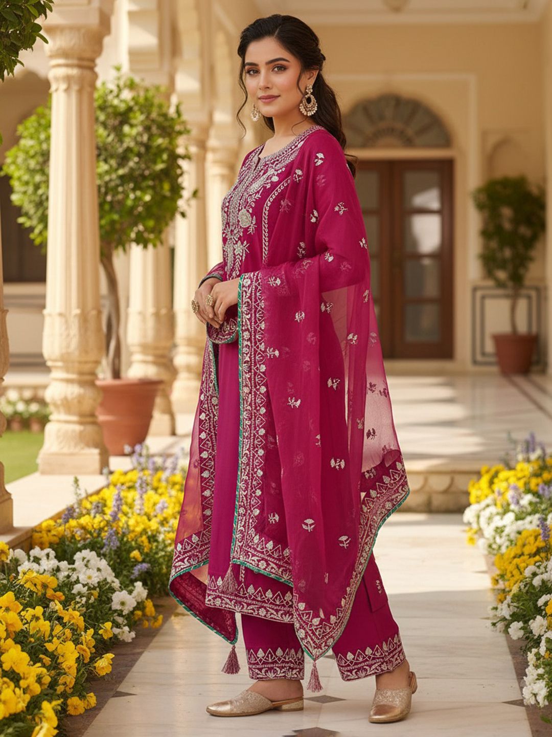 Dhiyona KL Floral Embroidered Straight Kurta with Palazzos & Dupatta