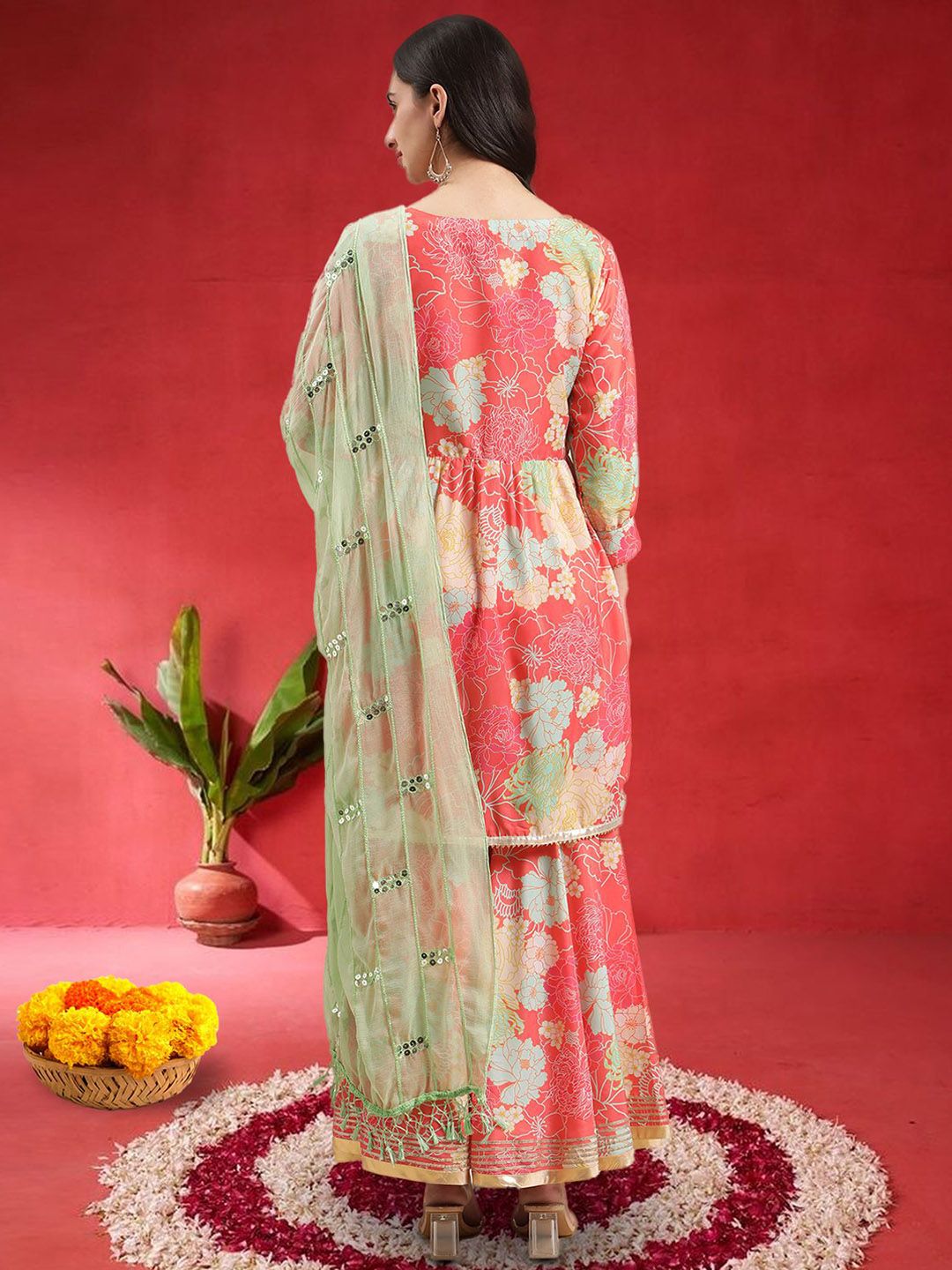 Dhiyona VA Women Floral Printed Empire Mirror Work Kurta With Sharara & Dupatta