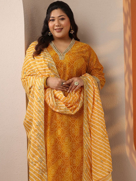 Dhiyona Women's Plus Size Bandhani Printed Straight Kurta With Palazzos & Dupatta