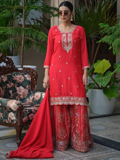 Dhiyona HOP Women Ethnic Motifs Embroidered Straight Kurta & Sharara With Dupatta