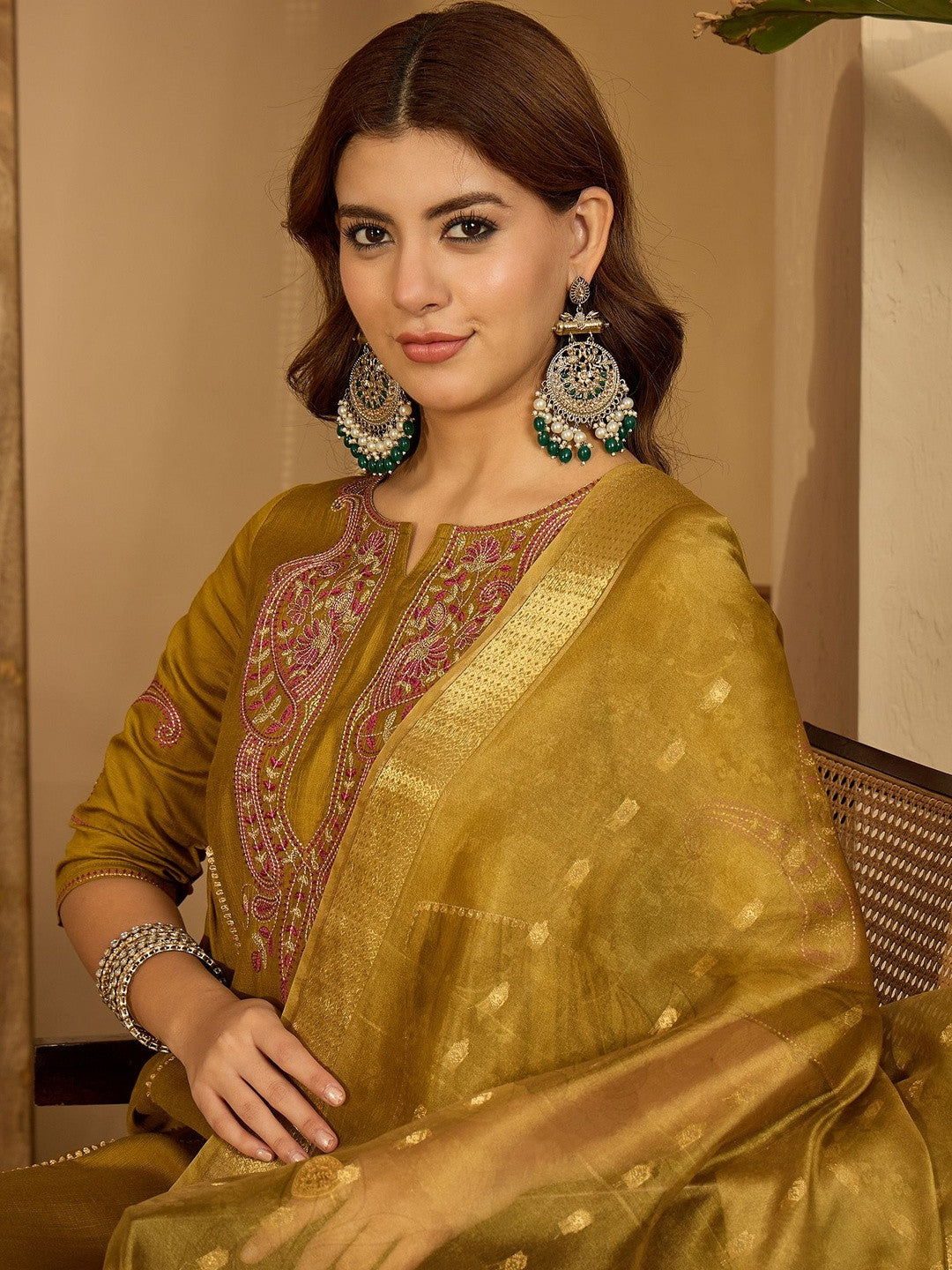 Women Olive Embroidered Kurta Sets With Dupatta