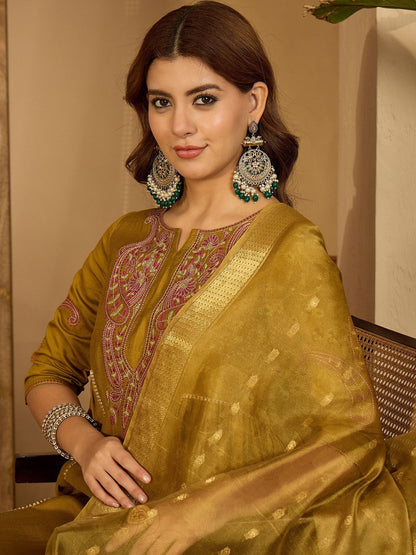 Women Olive Embroidered Kurta Sets With Dupatta