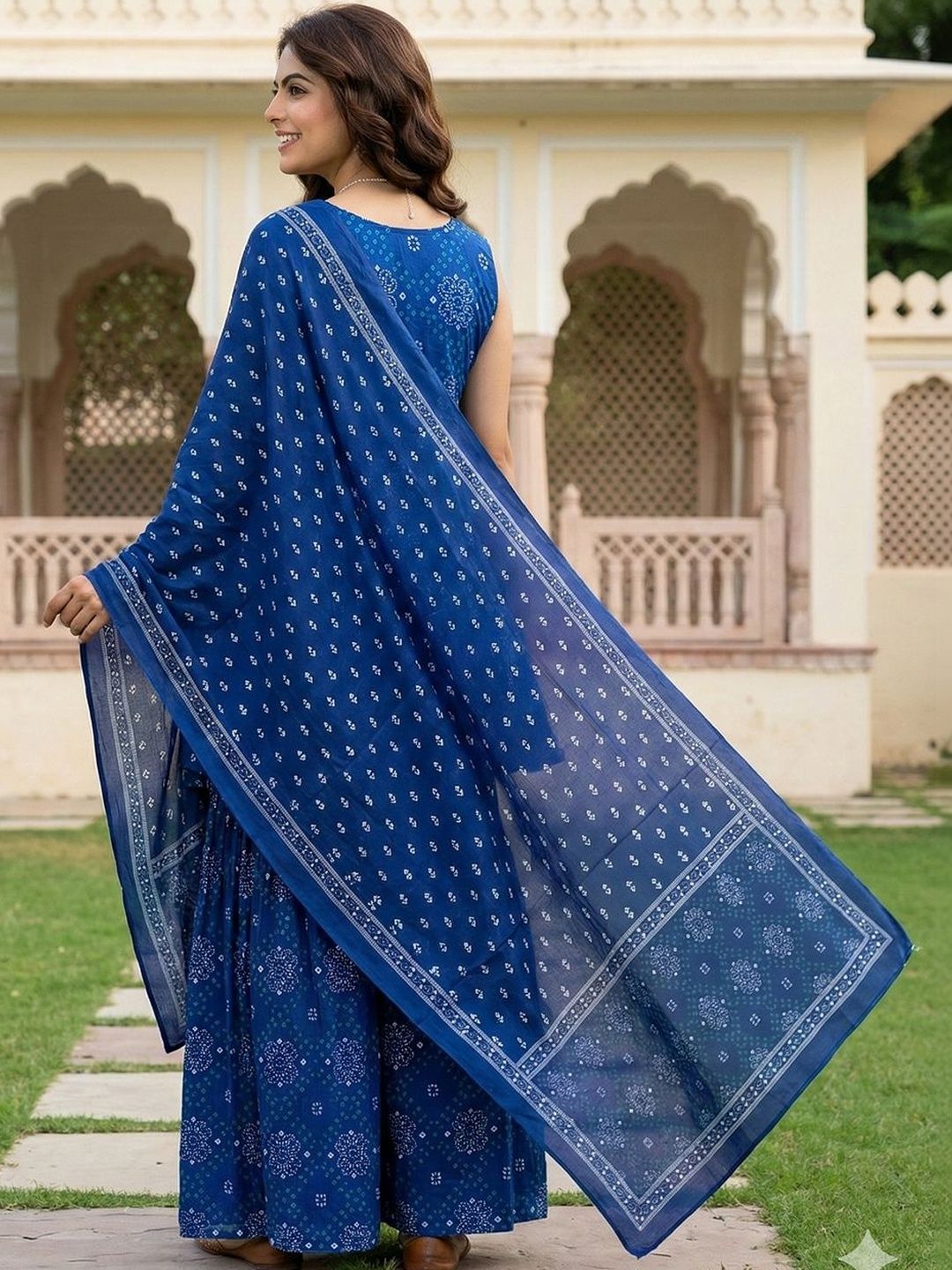 Dhiyona AN Women Ethnic Motifs Printed Empire Thread Work Pure Cotton Kurta with Sharara & With Dupatta