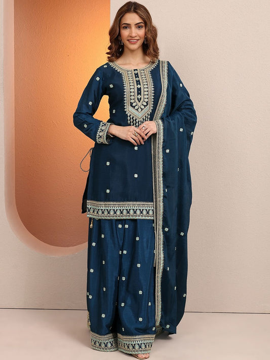 Women Ethnic Motifs Embroidered Regular Thread Work Kurta with Sharara & With Dupatta