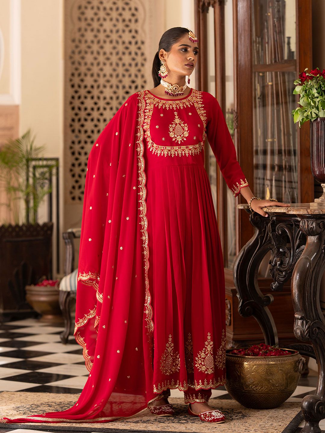 Dhiyona CH Women Ethnic Motifs Embroidered Anarkali Kurta with Trousers & Dupatta