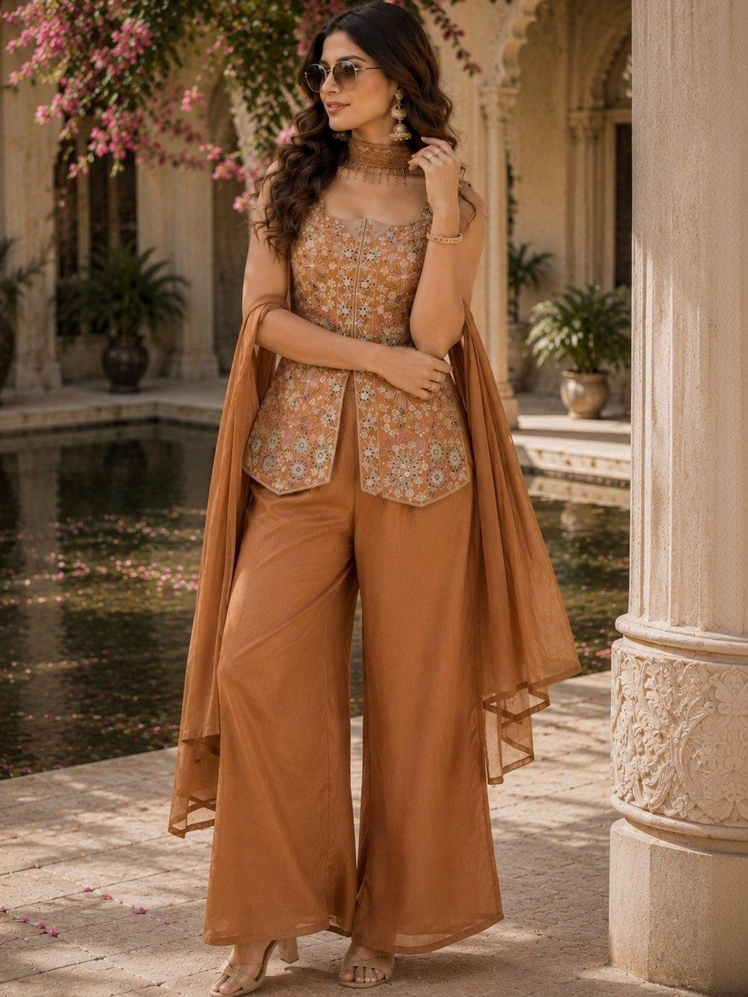 Women Ethnic Motifs Embroidered Angrakha Kurti with Palazzos & With Dupatta