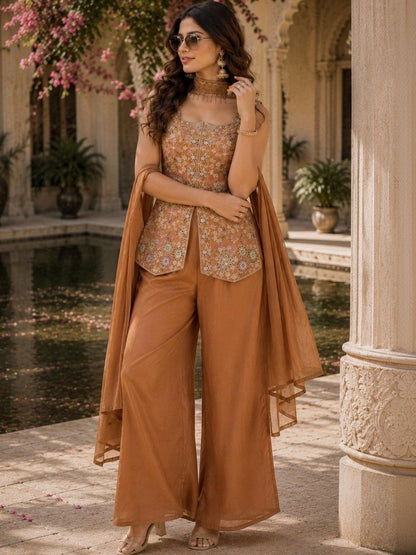Women Ethnic Motifs Embroidered Angrakha Kurti with Palazzos & With Dupatta