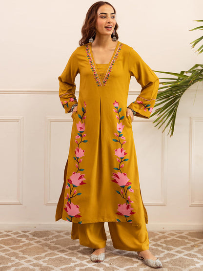 Floral Printed Square Neck Sequinned Straight Kurta With Palazzos