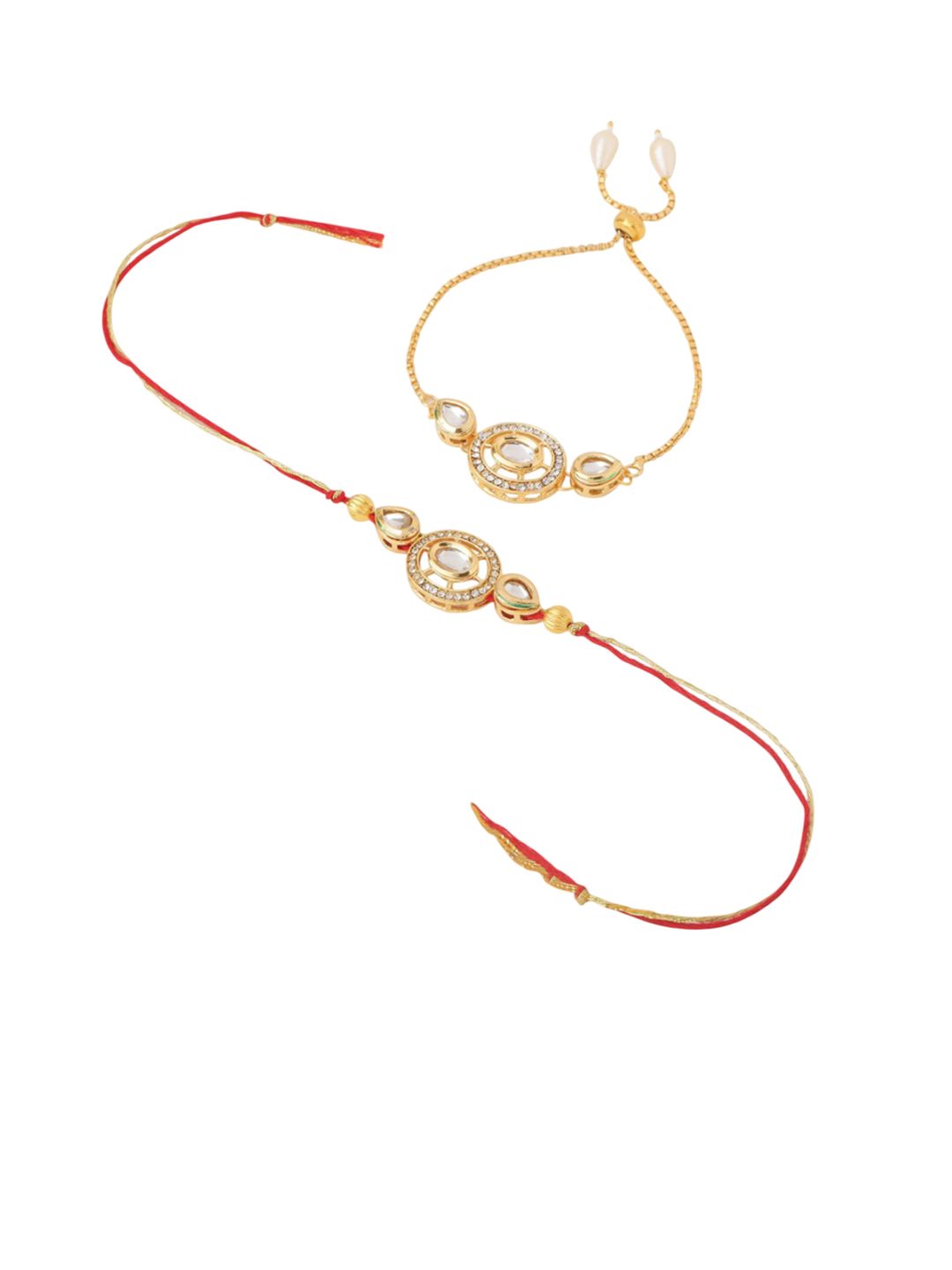 Dhiyona Set Of 2 Gold Toned Kundan Bhaiya Bhabhi Rakhi With Roli Chawal Chandan Mishri