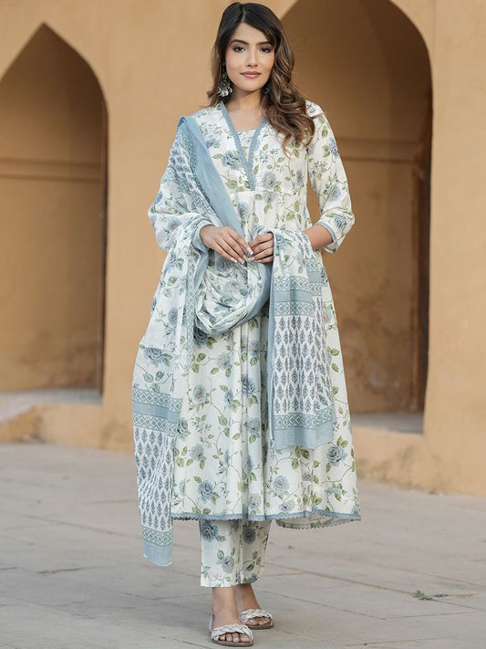 Dhiyona KL Floral Printed V-Neck Anarkali Pure Cotton Kurta With Trousers & Dupatta