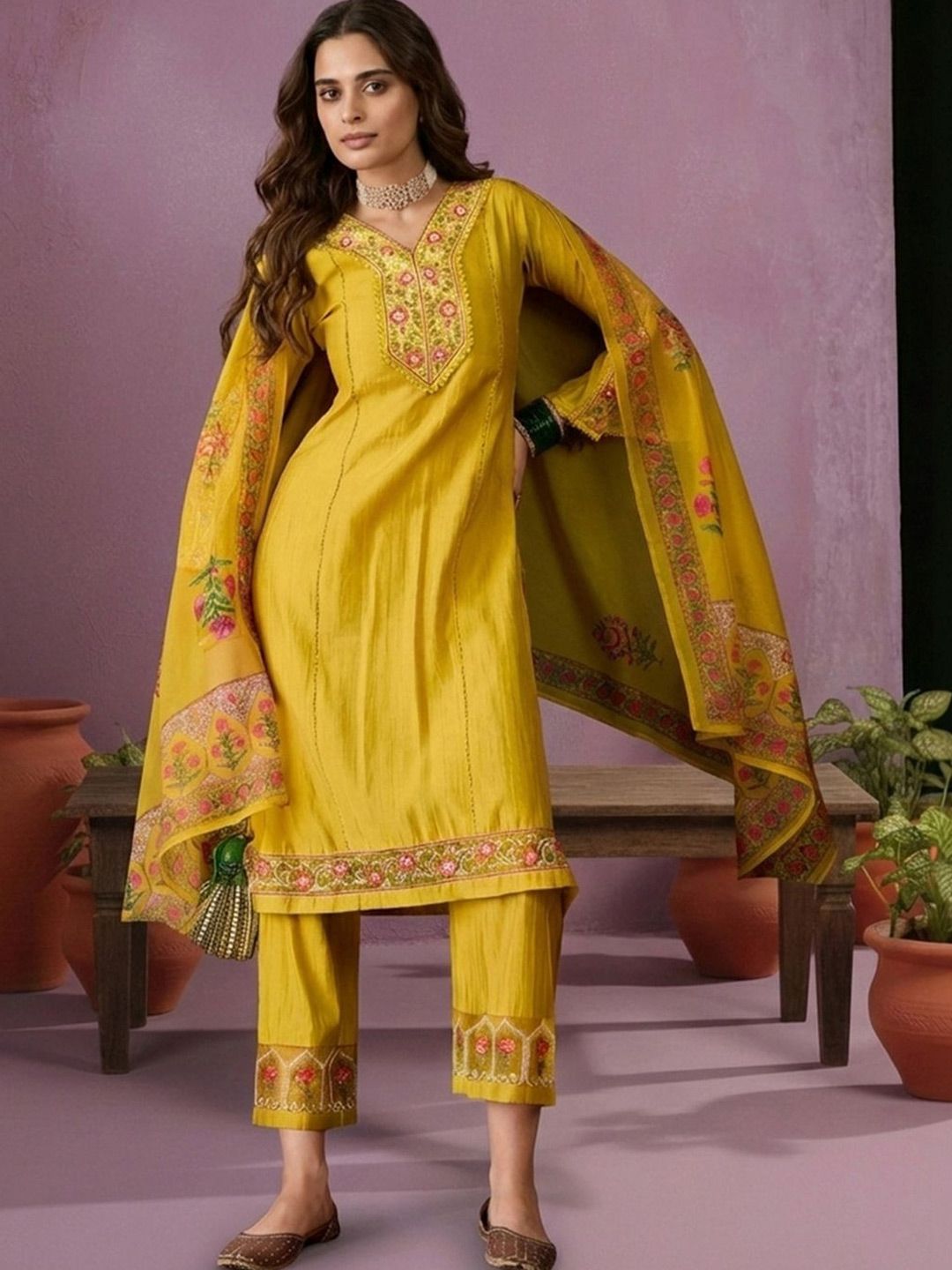 Dhiyona CH Women Floral Embroidered Regular Thread Work Kurta with Trousers & With Dupatta