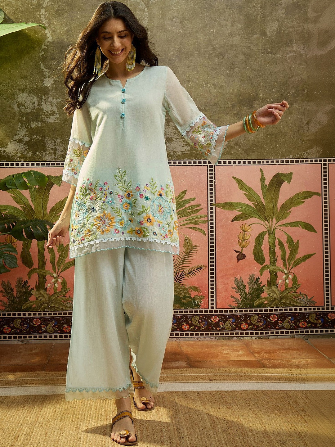 Embroidered Pure Cotton Round Neck Kurti & Trousers