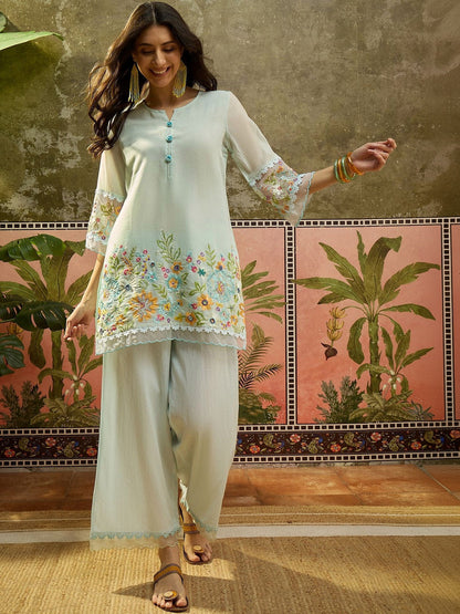 Embroidered Pure Cotton Round Neck Kurti & Trousers