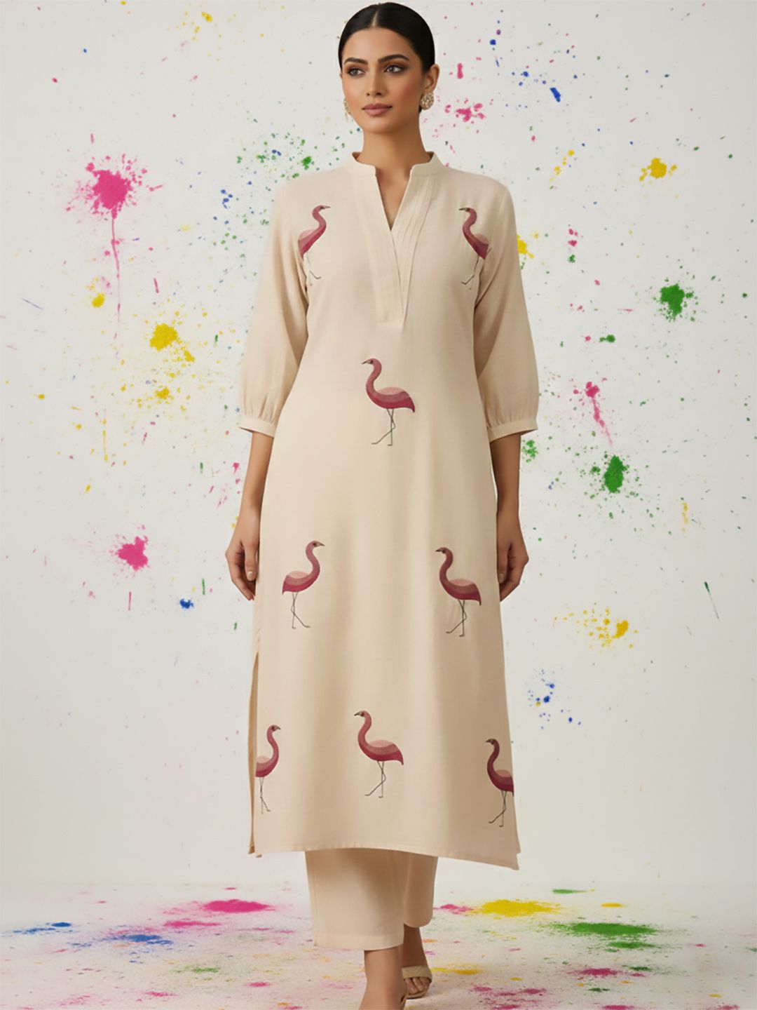 Off White Women Ethnic Motifs Embroidered Regular Thread Work Kurta with Trousers