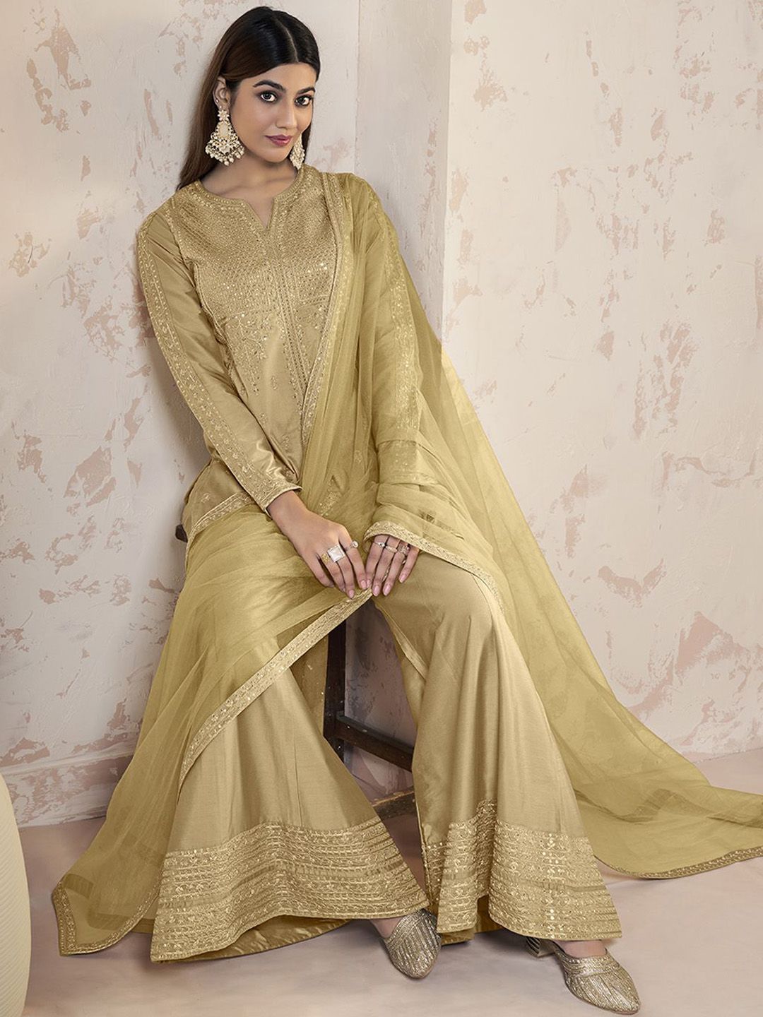 Dhiyona IN Ethnic Motifs Embroidered Sequinned Straight Kurti With Sharara And Dupatta