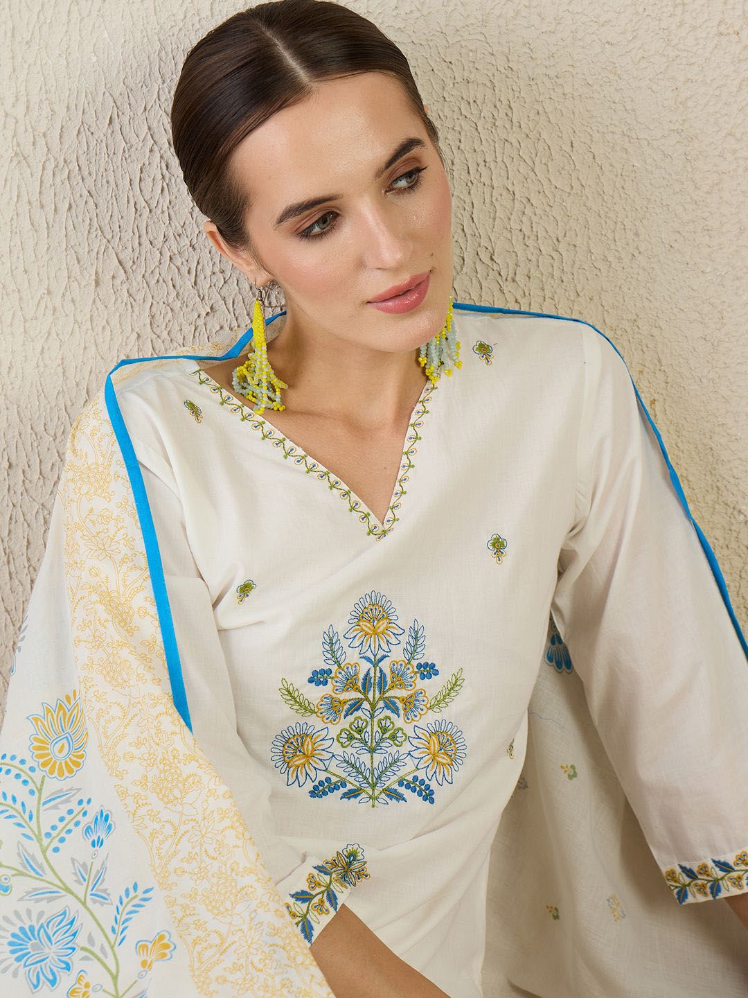 Women Floral Embroidered Cotton Kurta with Trousers & Dupatta