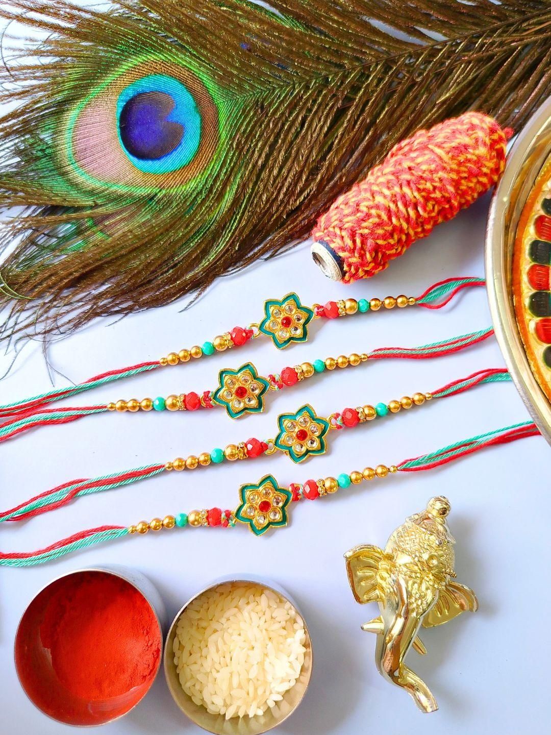 Dhiyona Pack of 4 Meenakari Kundan Traditional Rakhi