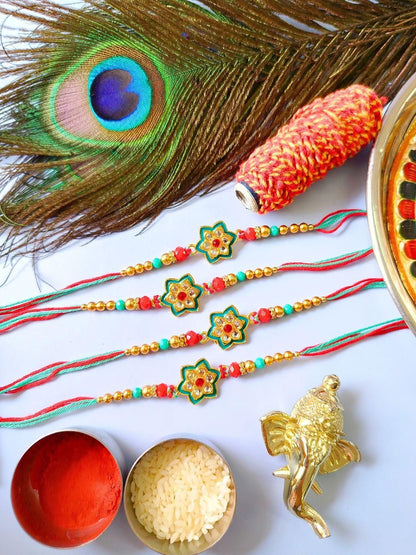 Dhiyona Pack of 4 Meenakari Kundan Traditional Rakhi