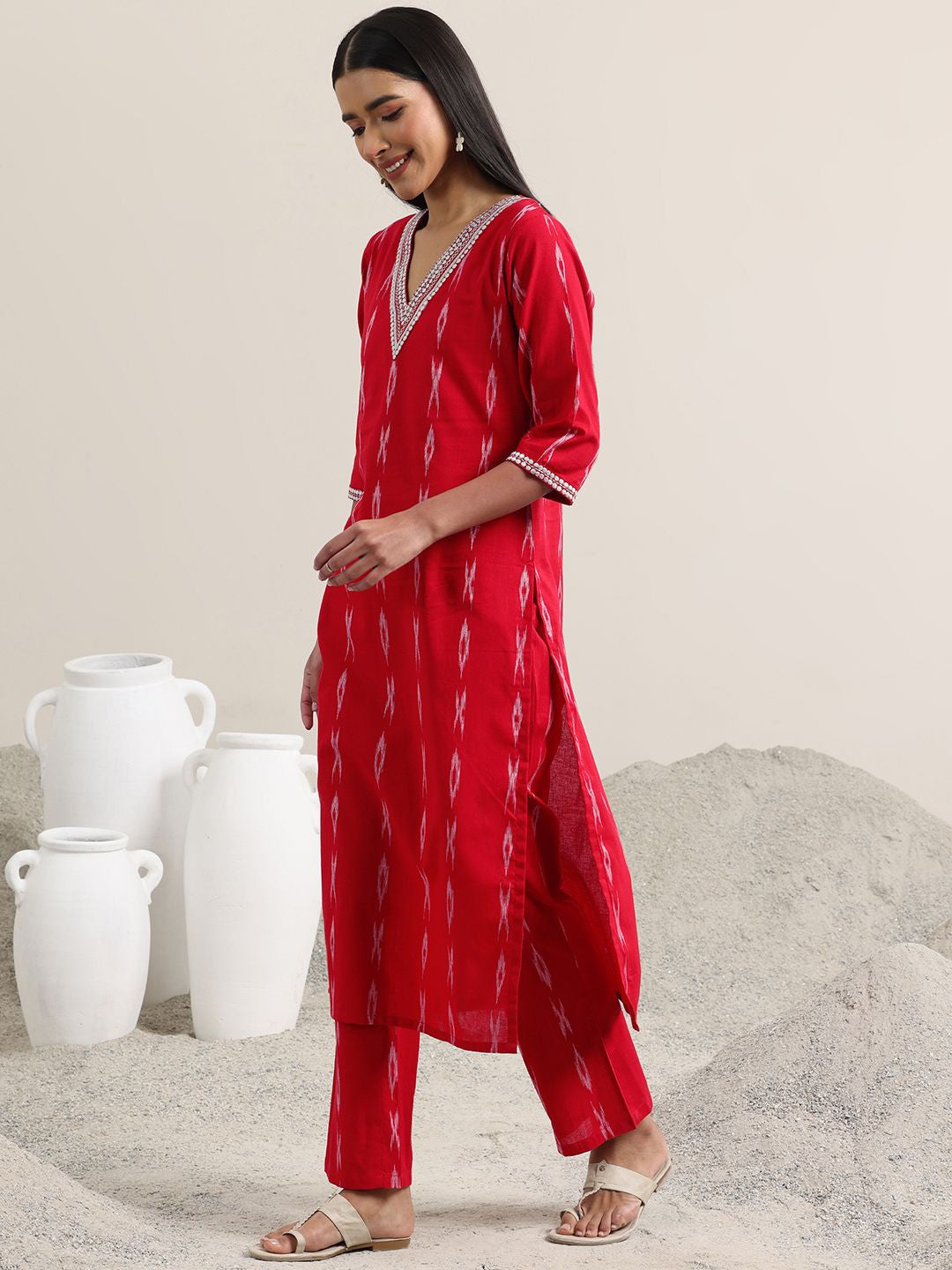 Abstract Woven Design Regular Thread Work Straight Kurta With Trousers & Dupatta
