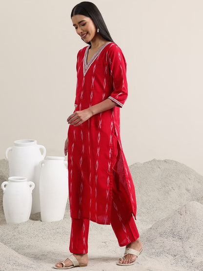 Abstract Woven Design Regular Thread Work Straight Kurta With Trousers & Dupatta