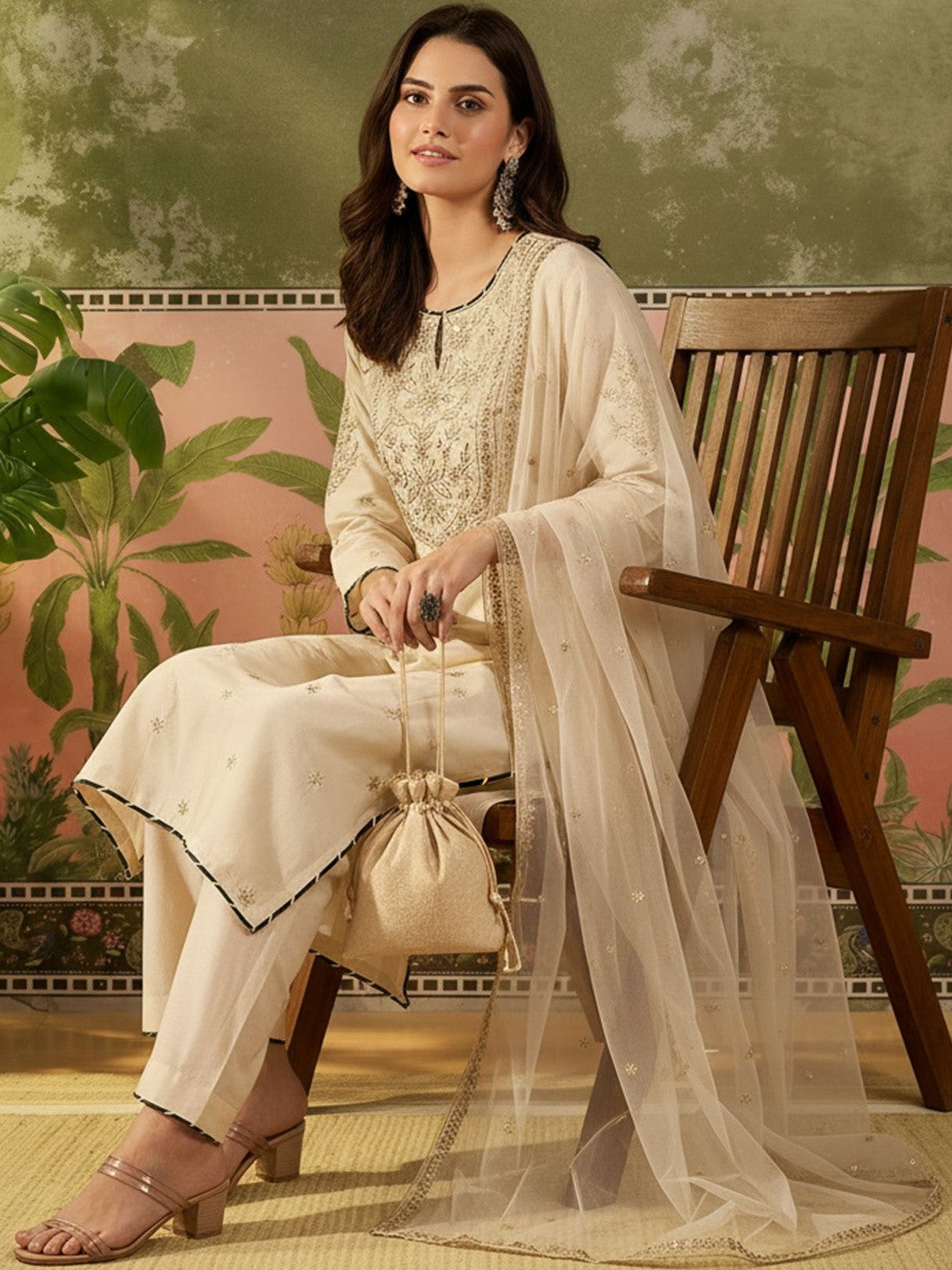 Embroidered Round Neck Kurta & Trousers With Dupatta