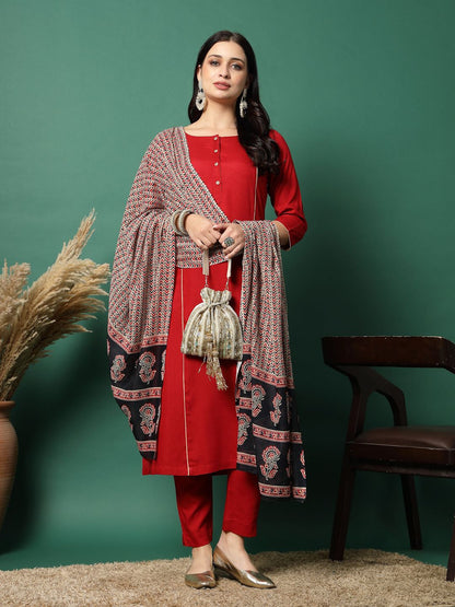 Panelled Straight Kurta & Trouser With Printed Dupatta