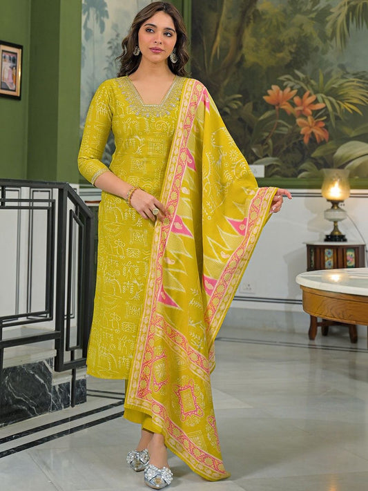 Dhiyona KL Women Ethnic Motifs Printed Regular Sequinned Kurta with Trousers & With Dupatta