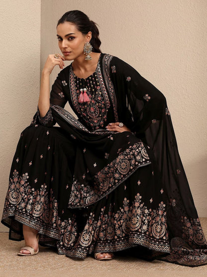 Dhiyona LL Women Ethnic Motifs Embroidered Regular Thread Work Kurta with Sharara & With Dupatta