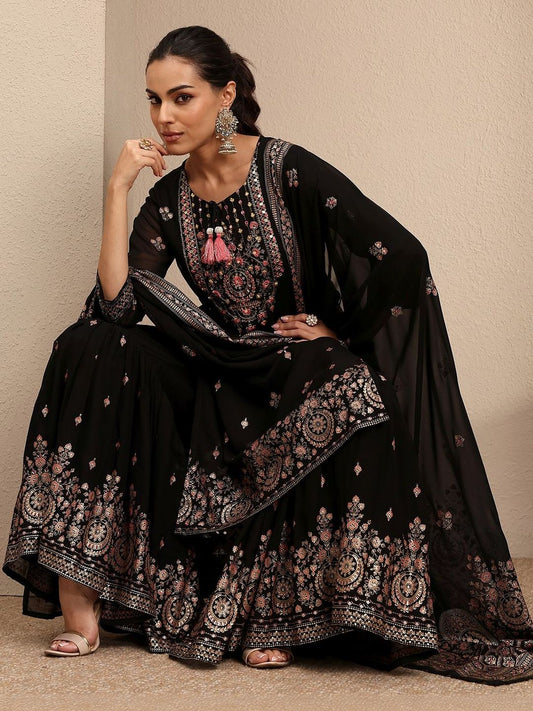 Dhiyona LL Women Ethnic Motifs Embroidered Regular Thread Work Kurta with Sharara & With Dupatta