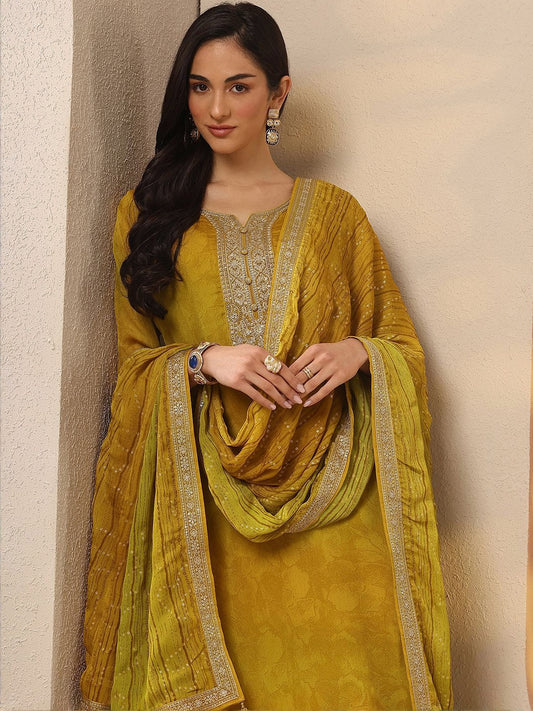 Yoke Design Notch Neck Zari Work Straight Kurta With Trousers & Dupatta
