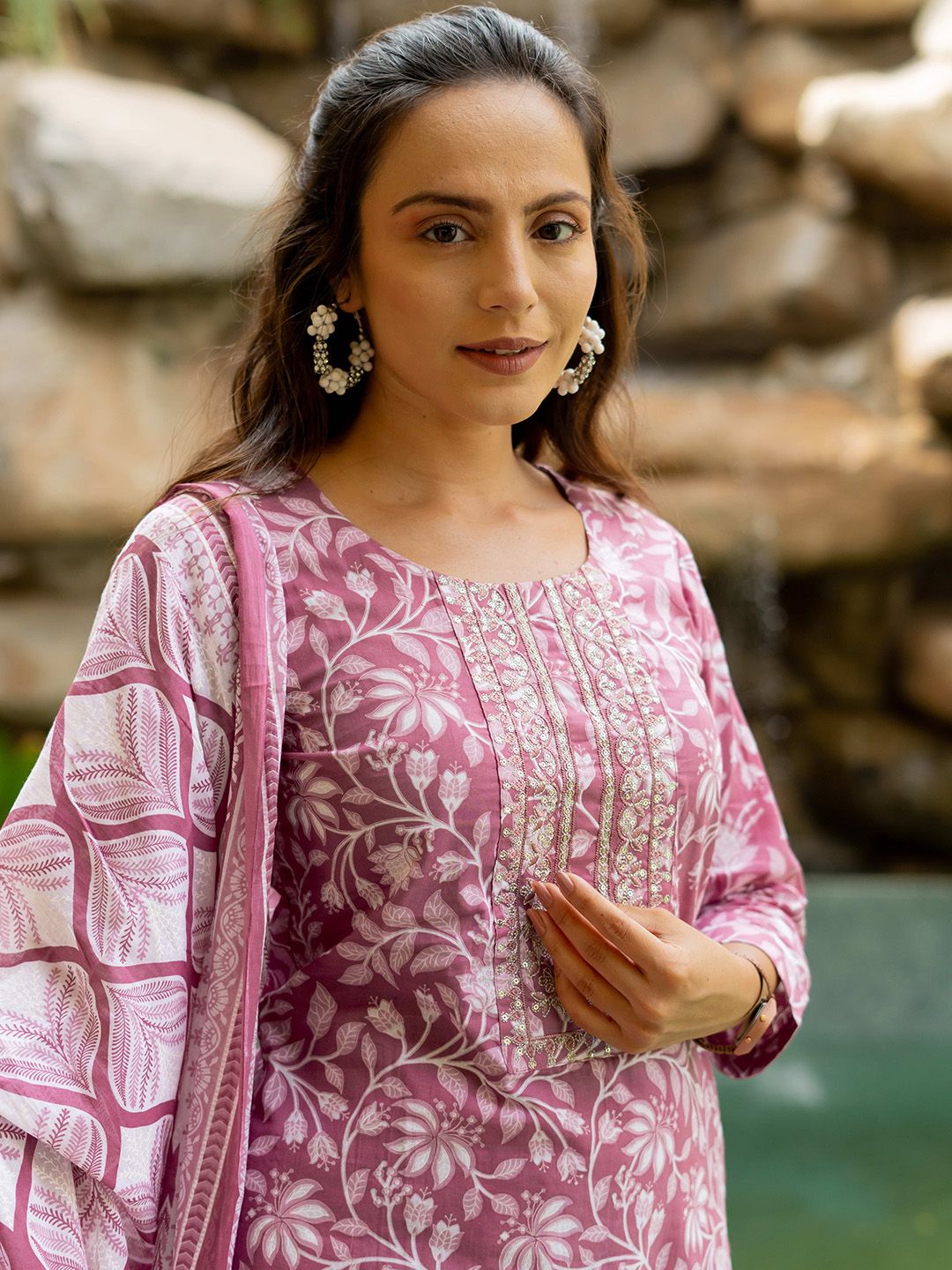 Dhiyona KL Floral Printed Sequinned Pure Cotton Kurta with Trousers & Dupatta
