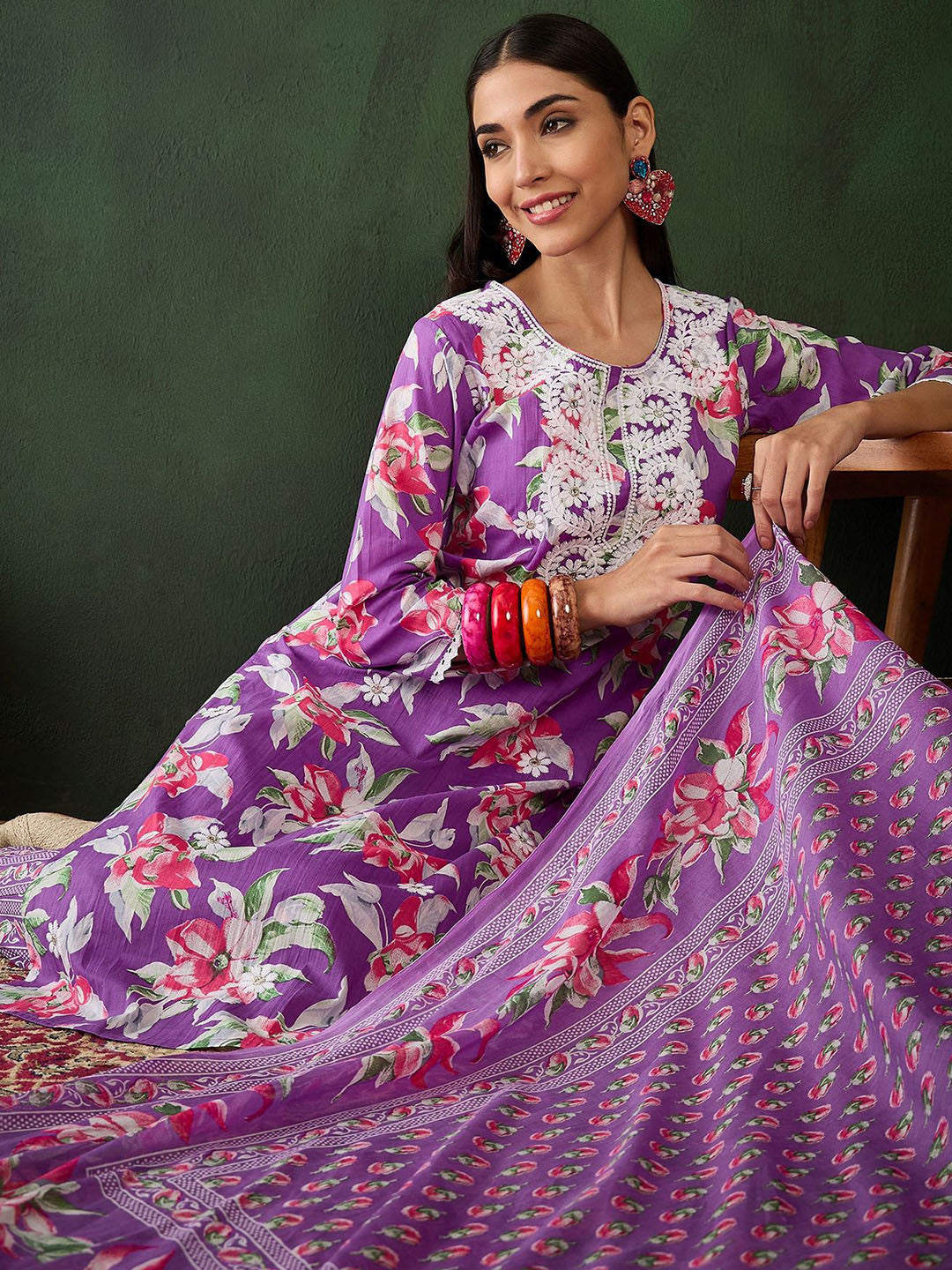 Floral Printed Thread Work Pure Cotton Kurta With Trousers & Dupatta