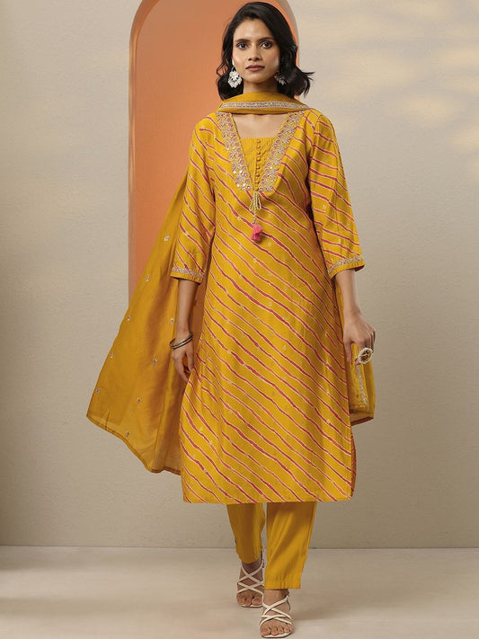 Leheriya Printed Square Neck Mirror Work Kurta With Trousers & Dupatta