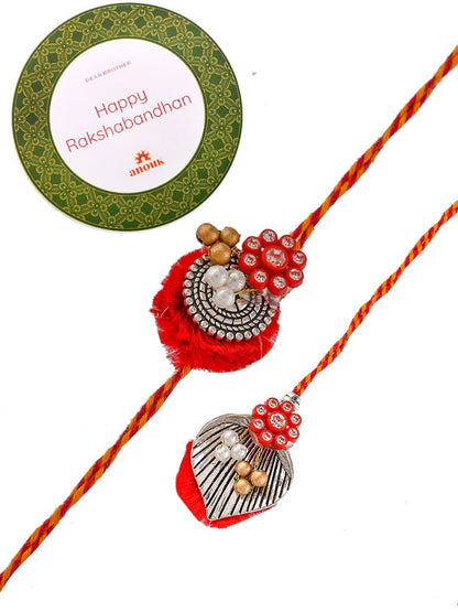 Dhiyona Red Beaded Bhaiya Bhabhi Rakhi With Roli Chawal & Greeting Card