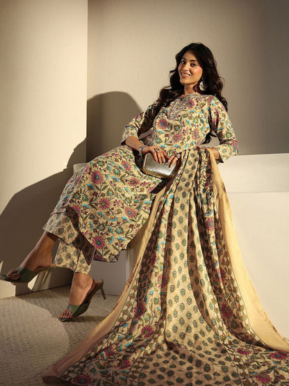 Women Floral Printed Regular Thread Work Kurta with Trousers & With Dupatta