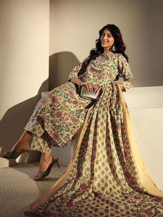 Women Floral Printed Regular Thread Work Kurta with Trousers & With Dupatta
