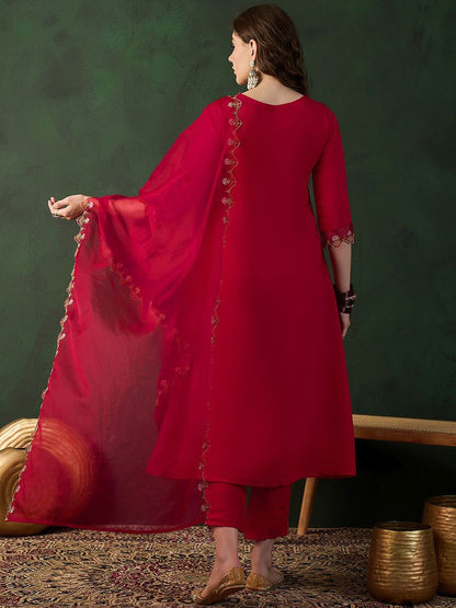 Dhiyona SN Women's Embroidered Round Neck A-Line Kurta & Trouser With Dupatta